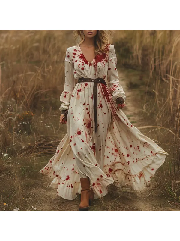 Retro V Neck Linen Women's Long Sleeve Long Dress Halloween Dress Party Dress - Viewbena.com 