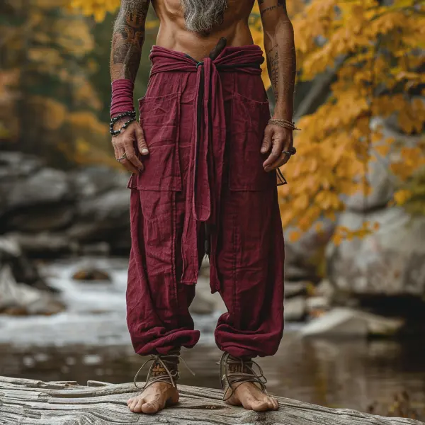 Burgundy Linen Pants Men's Linen Trousers Ninja Pants Patri Casual Pants - Yiyistories.com 