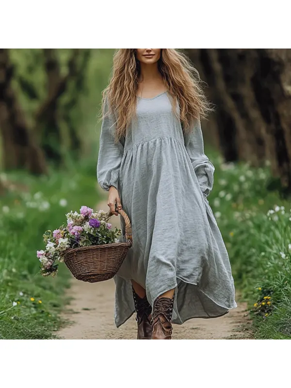 Women's Linen Solid Maxi Ethnic Simple Long Sleeve Dress - Cominbuy.com 