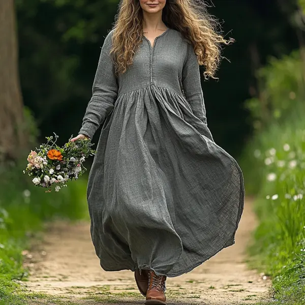 Women's Linen Solid Maxi Loose Long Sleeve Bohemian Dress - Yiyistories.com 