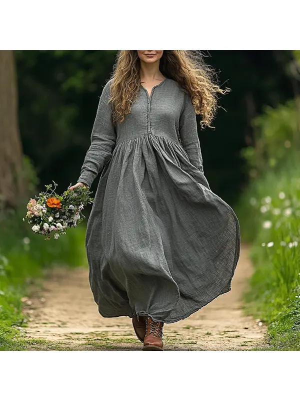 Women's Linen Solid Maxi Loose Long Sleeve Bohemian Dress - Cominbuy.com 