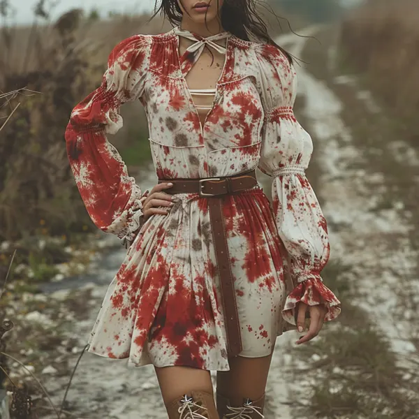 Retro V-neck Women's Tie Dye Long Sleeve Dress Halloween Red And White Short Dress Party Skirt - Trisunshine.com 