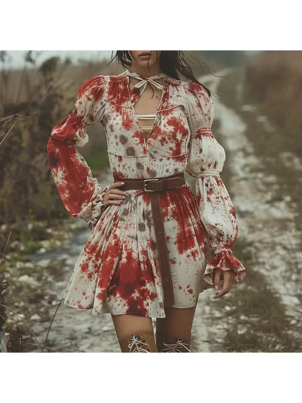 Retro V-neck Women's Tie Dye Long Sleeve Dress Halloween Red And White Short Dress Party Skirt - Viewbena.com 