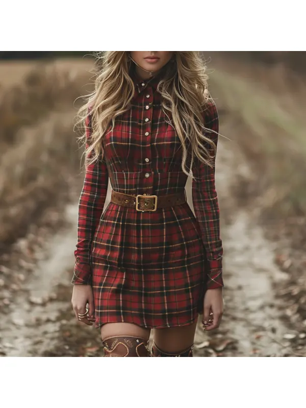 Women's Retro Plaid Long-sleeved Shirt Short Dress Pastoral Denim Sexy Long-sleeved Dress Autumn And Winter Retro Dress - Realyiyi.com 