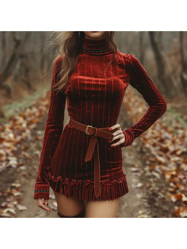 Autumn And Winter Women's Velvet Long Sleeve Dress Elegant Women's High Neck Dress Sexy Short Skirt - Viewbena.com 