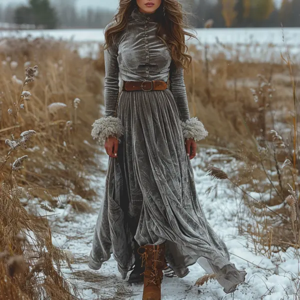 Autumn And Winter Women's Long Velvet Dress Elegant Women's Long Sleeve Dress - Nicheten.com 