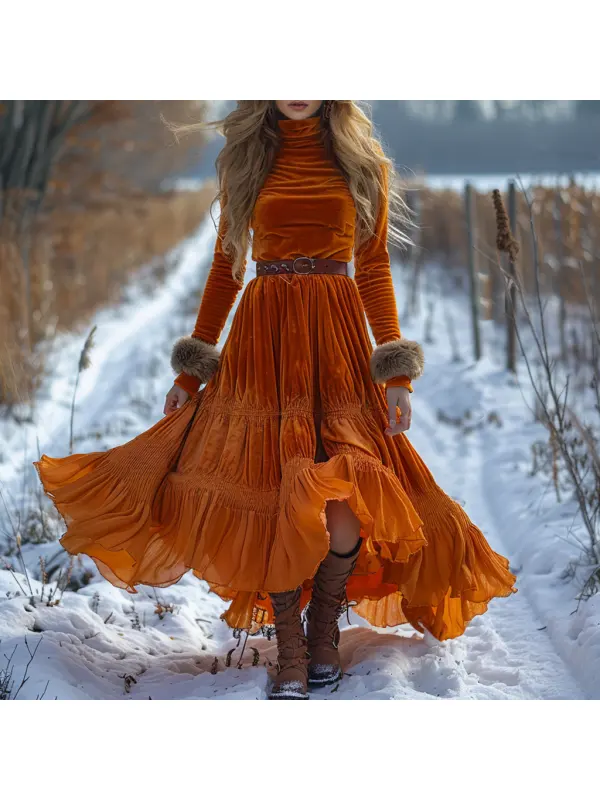 Autumn And Winter Women's Velvet Long Skirt Elegant Women's Long Sleeve Dress - Viewbena.com 