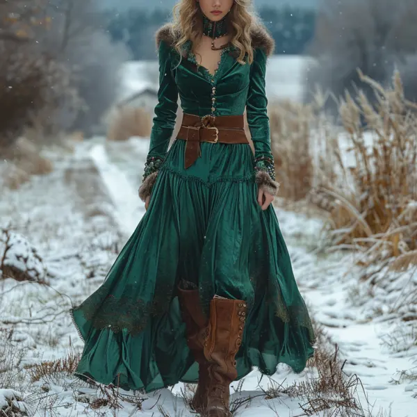 Autumn And Winter Women's Velvet Long Skirt Elegant Women's Long Sleeve Dress - Wayrates.com 