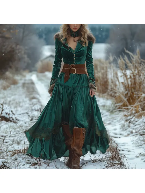 Autumn And Winter Women's Velvet Long Skirt Elegant Women's Long Sleeve Dress - Realyiyi.com 