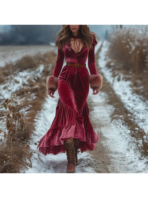 Autumn And Winter Women's Long Velvet Dress Elegant Women's Long Sleeve Dress - Realyiyi.com 