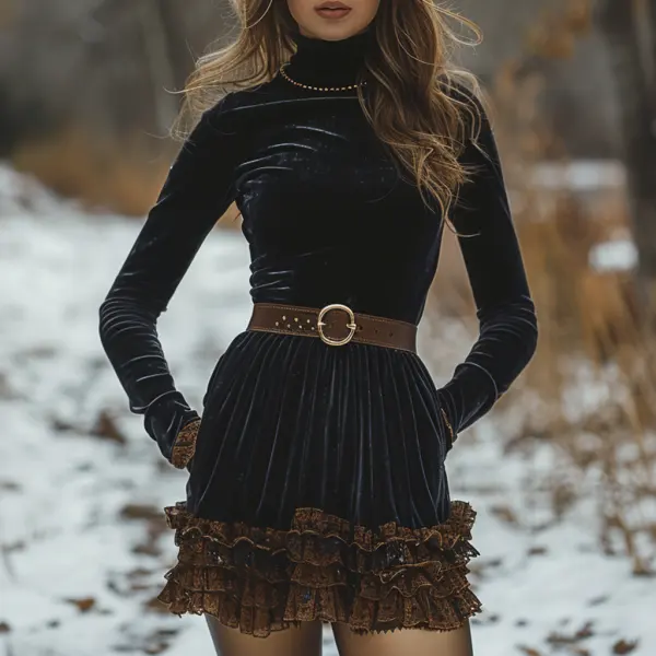 Autumn And Winter Women's Velvet Long Sleeve Dress Elegant Women's High Neck Dress Sexy Short Skirt - Yiyistories.com 