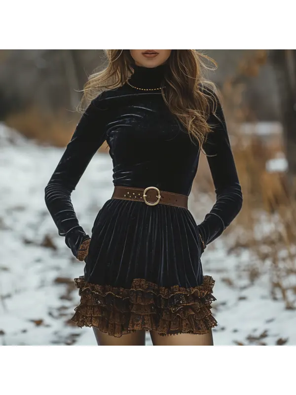 Autumn And Winter Women's Velvet Long Sleeve Dress Elegant Women's High Neck Dress Sexy Short Skirt - Viewbena.com 