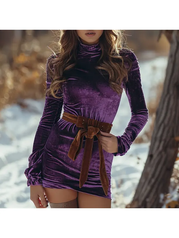 Autumn And Winter Women's Velvet Long Sleeve Dress Elegant Women's High Neck Dress Sexy Short Skirt - Realyiyishop.com 