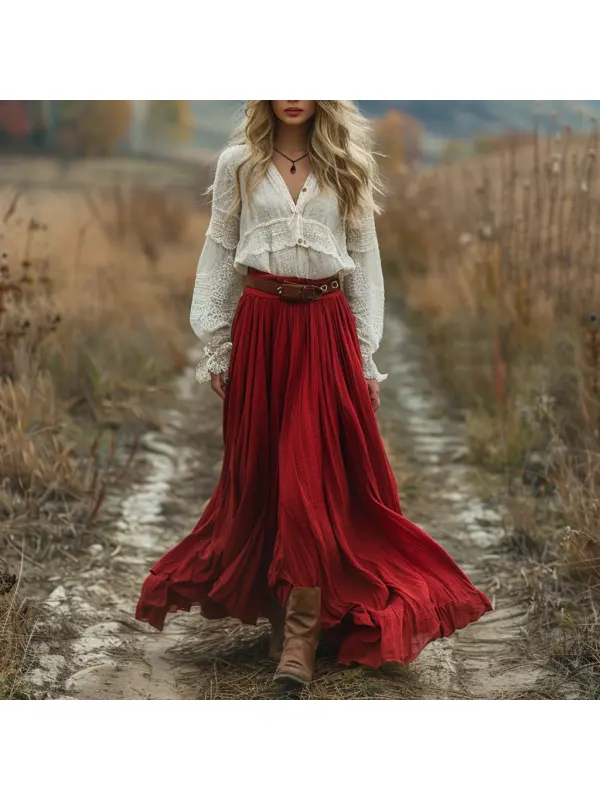 Retro V-neck Lace Linen Women's Long-sleeved Long Skirt Pastoral Style Linen Dress - Viewbena.com 