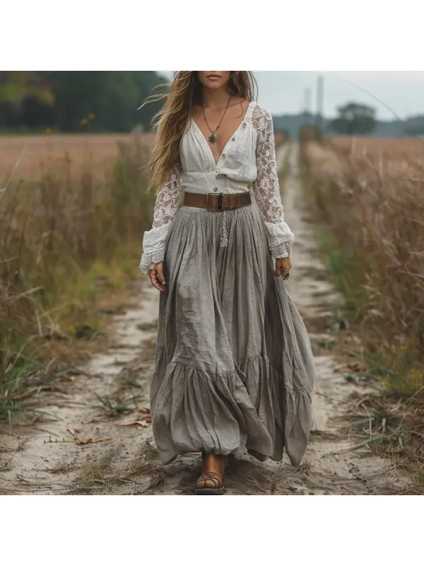 Retro V-neck Lace Linen Women's Long-sleeved Long Skirt Pastoral Style Linen Dress - Viewbena.com 