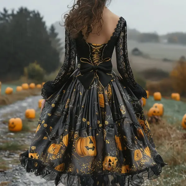 Halloween Pumpkin Print Lace Vintage Skirt - Trisunshine.com 