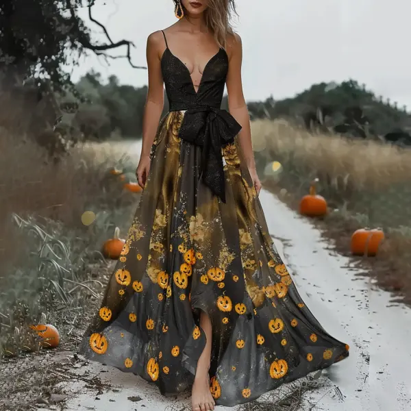 Halloween Pumpkin Print Suspender Maxi Dress - Trisunshine.com 