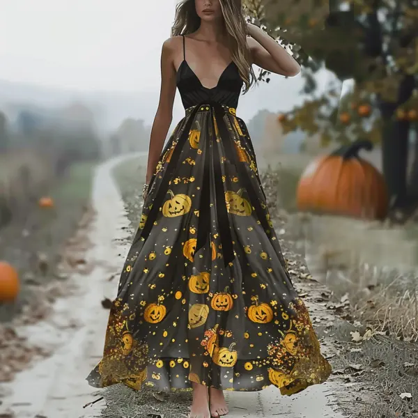 Pumpkin Print Suspender Maxi Skirt - Trisunshine.com 