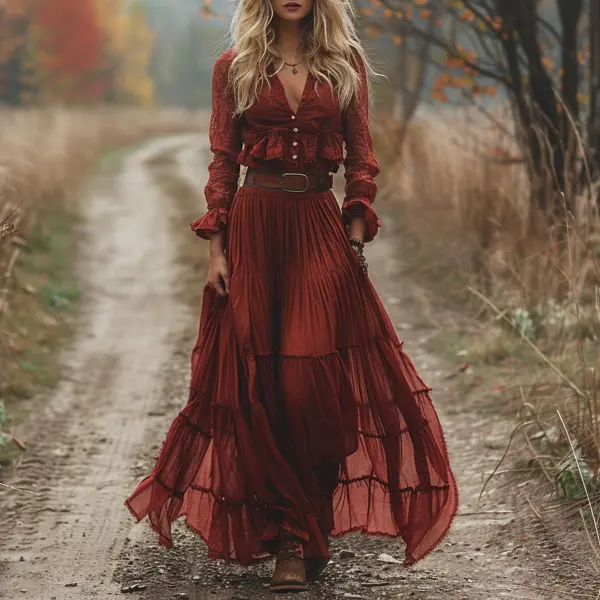 Retro V-neck Lace Linen Women's Long-sleeved Long Skirt Pastoral Style Linen Dress - Wayrates.com 