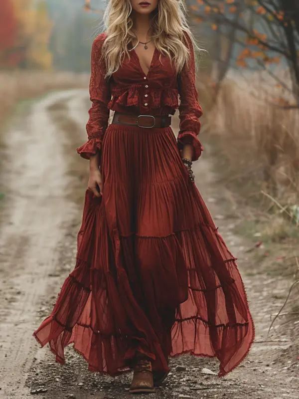 Retro V-neck Lace Linen Women's Long-sleeved Long Skirt Pastoral Style Linen Dress - Wantbright.com 
