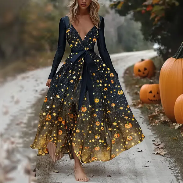 Halloween Long Printed Sleeve Maxi Dress - Trisunshine.com 