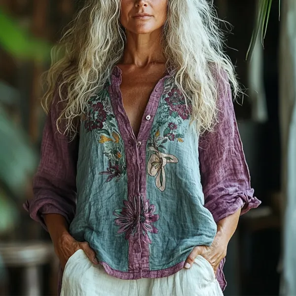 Women's Linen Bohemian Floral Print Contrasting Long Sleeve Shirt - Salolist.com 