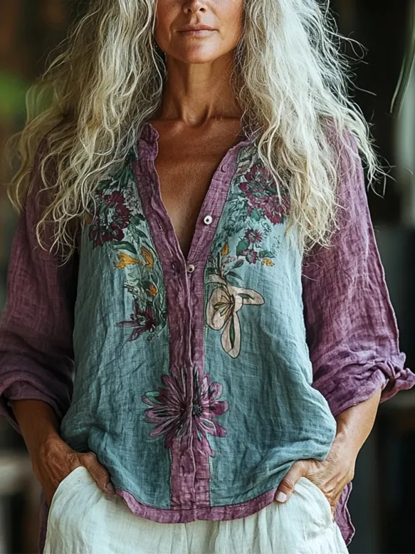 Women's Linen Bohemian Floral Print Contrasting Long Sleeve Shirt - Menbarn.com 