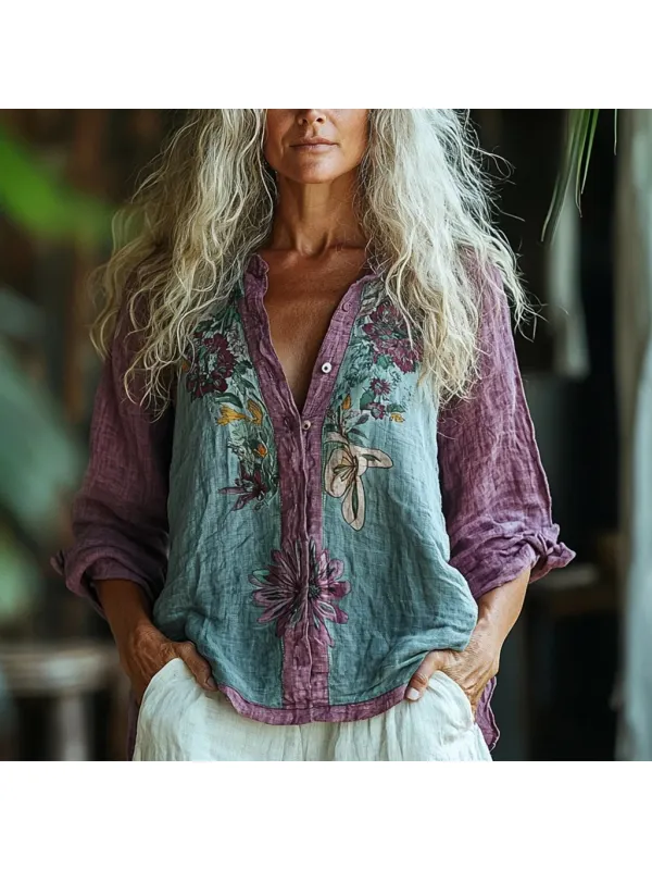 Women's Linen Bohemian Floral Print Contrasting Long Sleeve Shirt - Realyiyi.com 