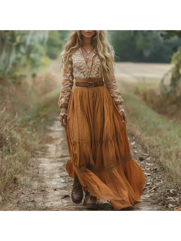 Retro V-neck Lace Linen Women's Long-sleeved Long Skirt Pastoral Style Linen Dress - Viewbena.com 