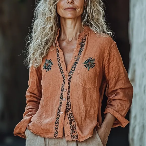 Women's Linen Bohemian Simple Long Sleeve Casual Shirt - Yiyistories.com 