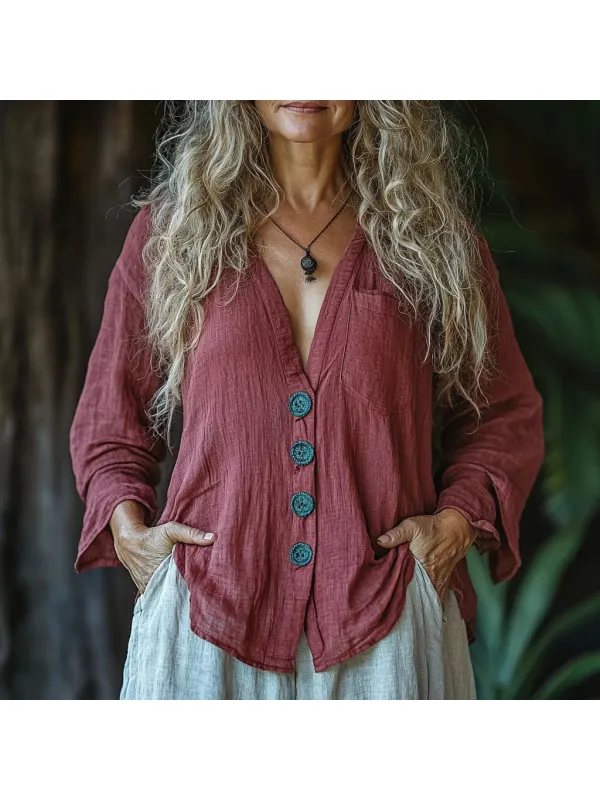 Women's Linen Simple Long-sleeved Casual Shirt - Anrider.com 