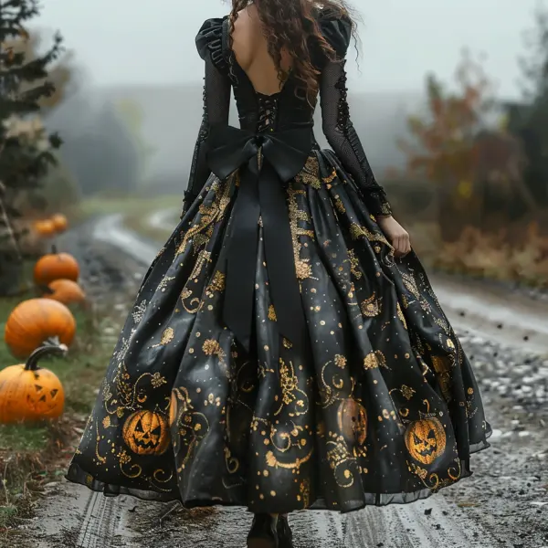 Dark Pumpkin Print Bow Dress - Trisunshine.com 