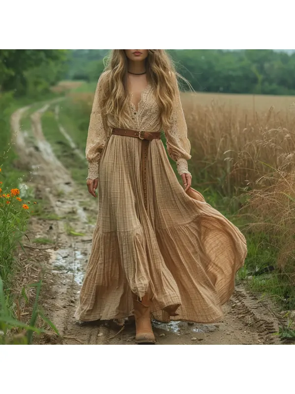 Retro V-neck Lace Linen Women's Long-sleeved Long Skirt Pastoral Style Linen Dress - Viewbena.com 