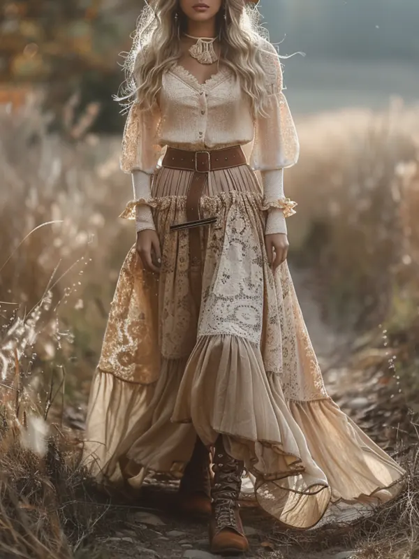 Women’s Bohemian Chic Vintage Ruffle White Dress Elegant Retro Long Sleeve Maxi Dress - Wantbright.com 