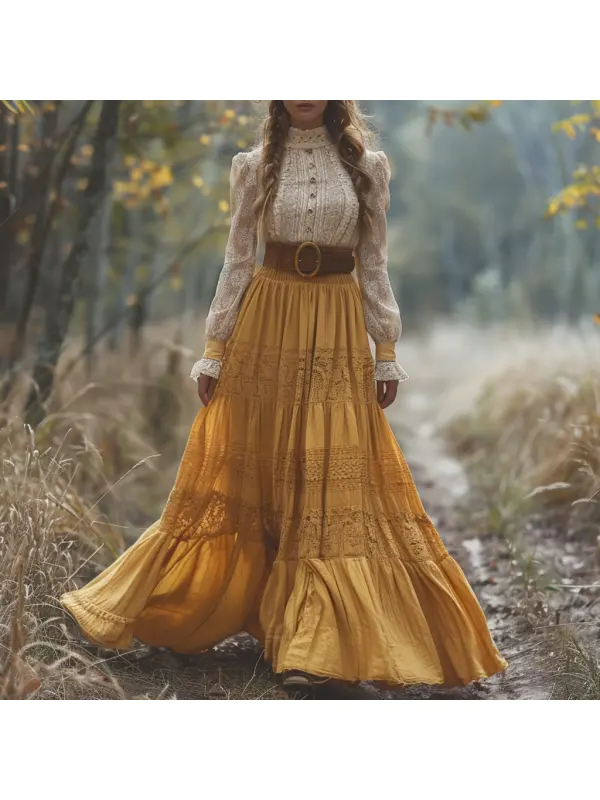 Retro Lace Linen Women's Long Sleeve Pastoral Style Linen Dress - Viewbena.com 