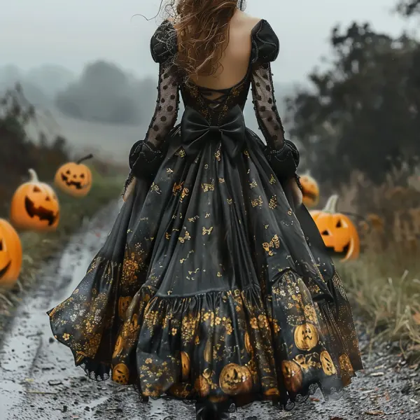 Halloween Pumpkin Print Long Sleeve Dress - Trisunshine.com 