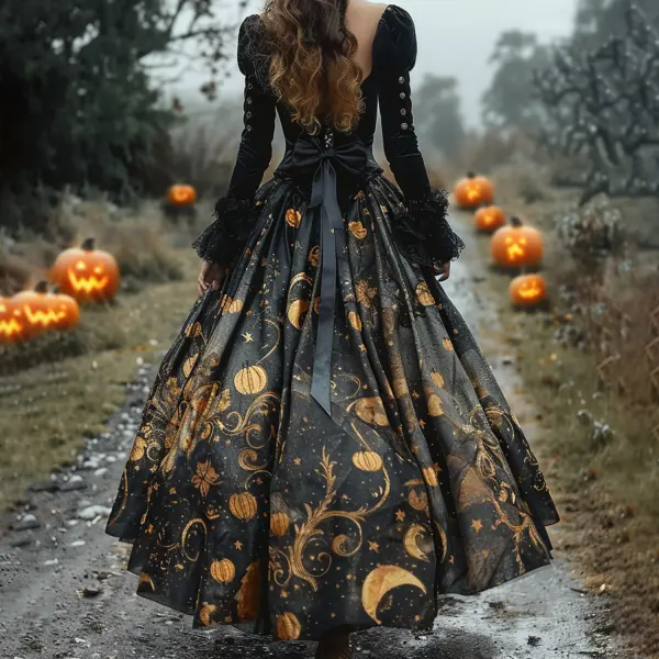 Dark Pumpkin Print Retro Medieval Dress - Trisunshine.com 