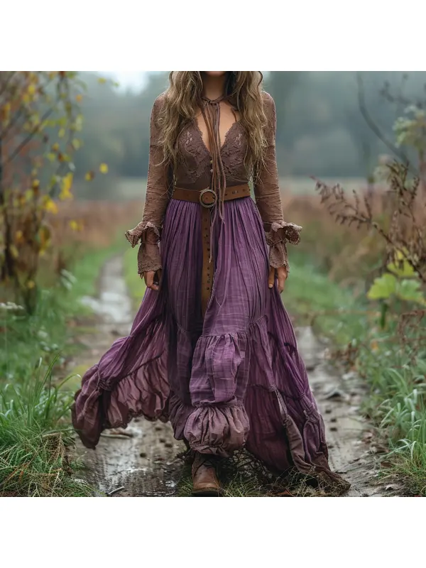 Retro V-neck Lace Linen Women's Long-sleeved Long Skirt Pastoral Style Linen Dress - Viewbena.com 
