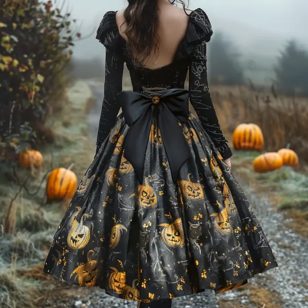 Halloween Pumpkin Print Bow Vintage Skirt - Trisunshine.com 