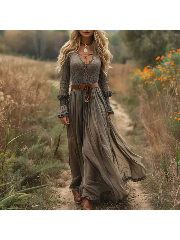 Retro V-neck Lace Linen Women's Long-sleeved Long Skirt Pastoral Style Linen Dress - Viewbena.com 