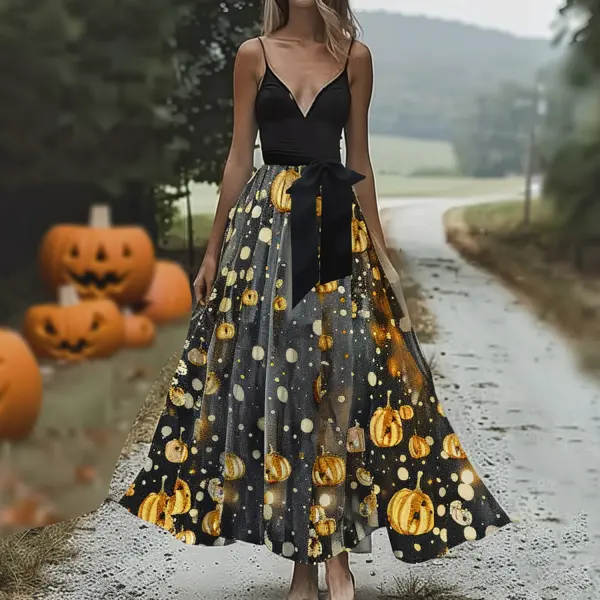 Retro Pumpkin Print Suspender Maxi Skirt - Trisunshine.com 