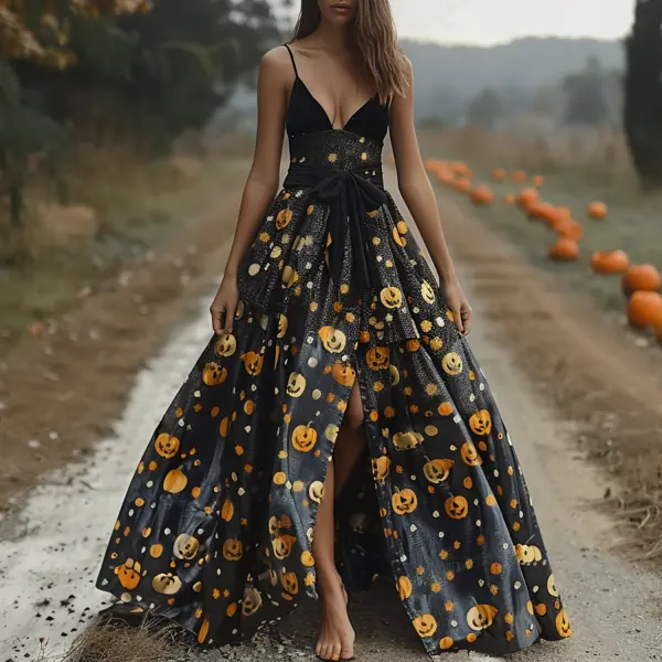 Halloween Pumpkin Print Suspender Maxi Dress - Trisunshine.com 