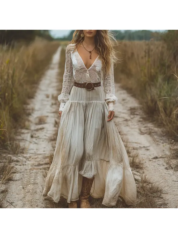 Retro V-neck Lace Linen Women's Long-sleeved Long Skirt Pastoral Style Linen Dress - Viewbena.com 