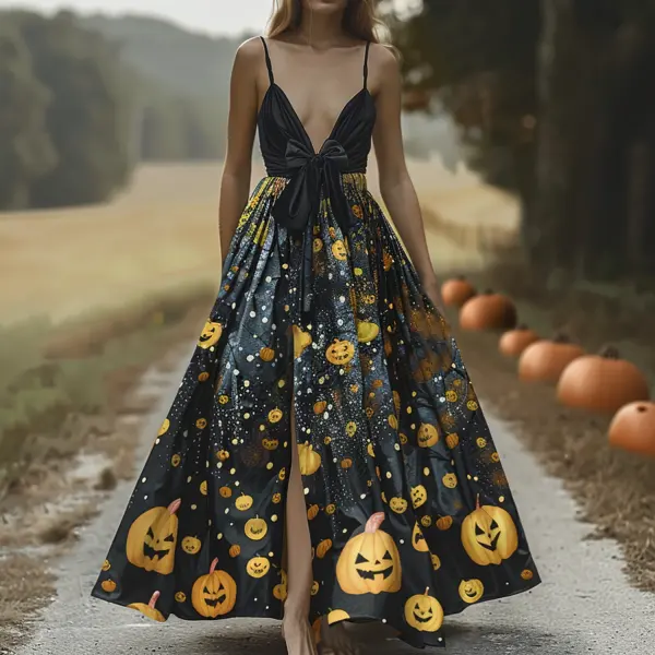 Retro Pumpkin Print Suspender Bow Long Skirt - Trisunshine.com 