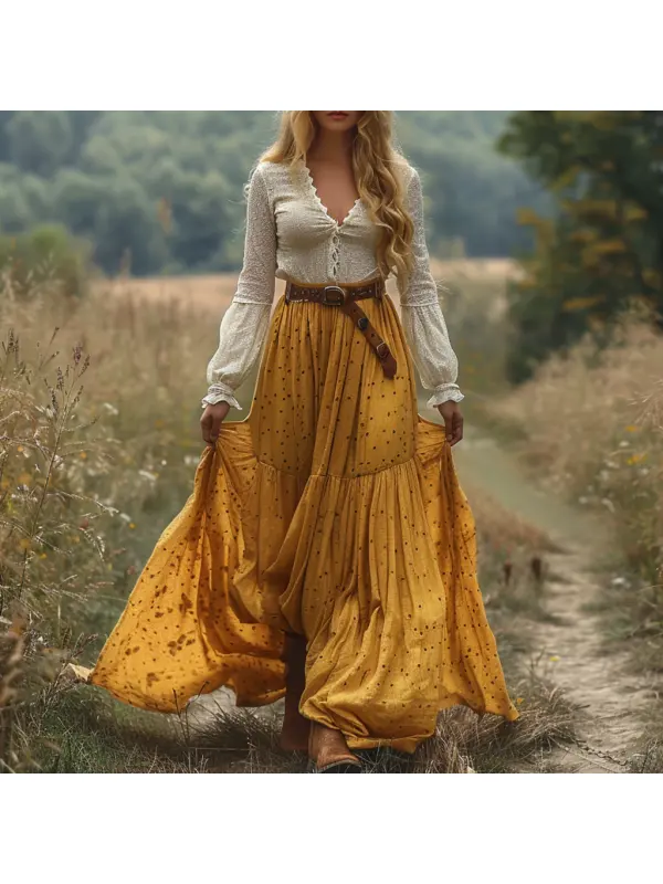 Retro V-neck Lace Linen Women's Long-sleeved Long Skirt Pastoral Style Polka Dot Linen Dress - Viewbena.com 