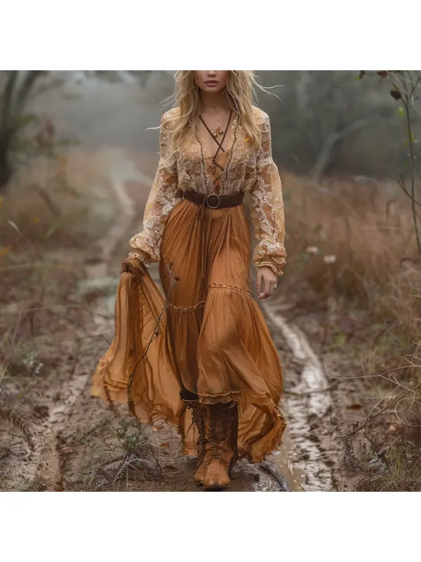 Retro V-neck Lace Linen Women's Long-sleeved Long Skirt Pastoral Style Linen Dress - Viewbena.com 