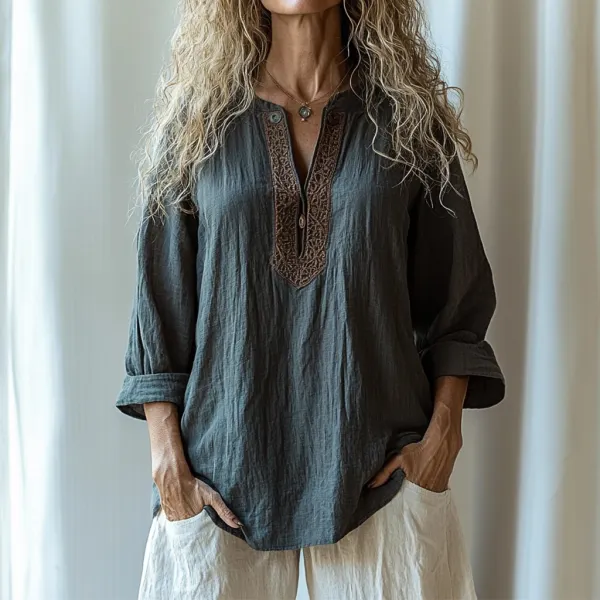 Women's Ethnic Linen V-neck Long-sleeved Casual Shirt - Trisunshine.com 