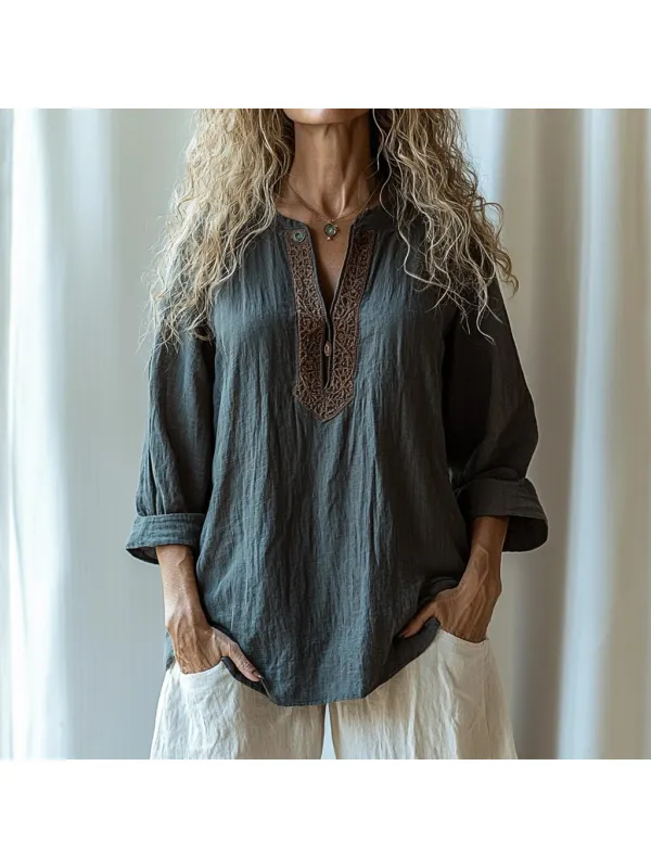 Women's Ethnic Linen V-neck Long-sleeved Casual Shirt - Anrider.com 