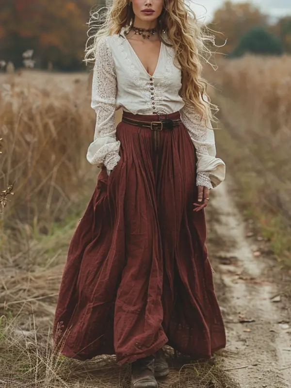 Women's Country Western Long-sleeved Maxi Dress Retro Style V-neck Lace Dress - Wantbright.com 