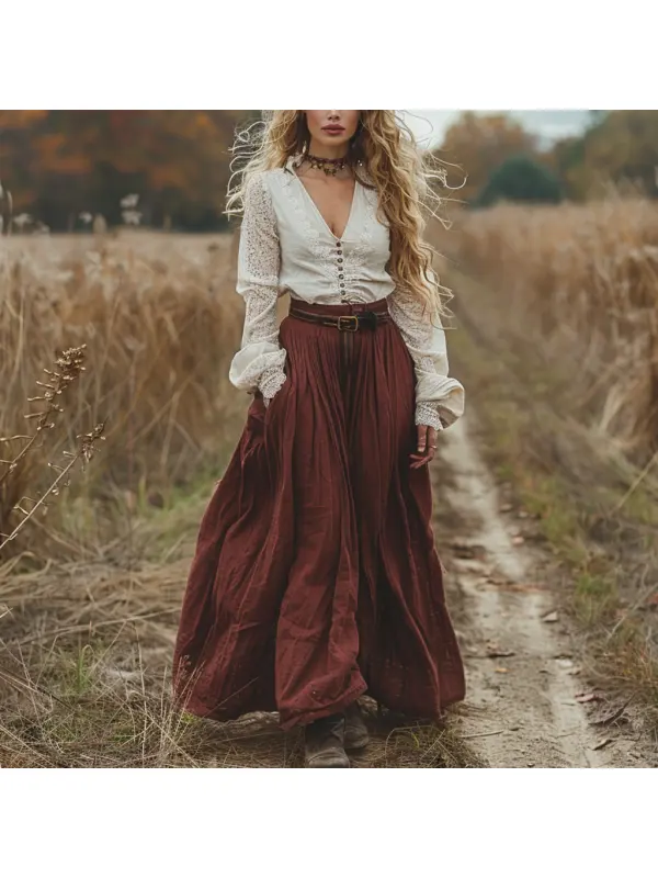 Retro V-neck Lace Linen Women's Long-sleeved Long Skirt Pastoral Style Linen Dress - Realyiyi.com 